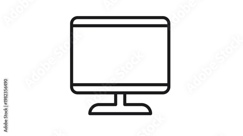 Minimalist black line vector icon of a computer monitor or television screen on a stand, clean scalable illustration for digital technology, desktop hardware, and office workstation concepts.