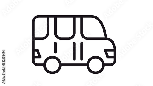 Minimalist black line vector icon of a small shuttle bus or minibus, clean outline illustration of a passenger van for public transport, travel, and urban commuting, isolated on white background.