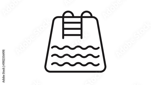 Black vector line icon of a swimming pool with a ladder and wavy water ripples, minimalist illustration for summer vacation, leisure, sports, and aquatic activities, isolated on white.