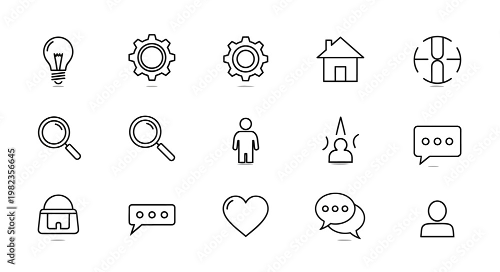 Fototapeta premium Minimalist line icons, communication and business symbols, social media and search vector graphics, 16 editable elements