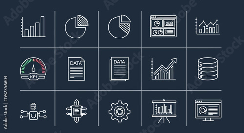 Business infographic icons, data analysis symbols, 15 white line style graphics, charts and graphs elements, for presentations and reports