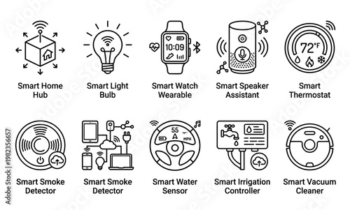 Smart home devices, icons set, vector illustration, smart home automation, technology symbols