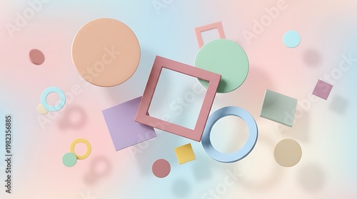 Colorful geometric shapes floating on pastel background with soft gradient effect  abstract composition