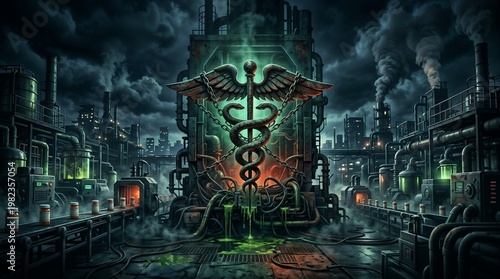 Industrial Pharmaceutical Complex and Dystopian Caduceus Machine Producing Pills in Polluted Dark Environment