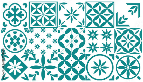 Intricate traditional geometric and floral tile patterns in vibrant turquoise and teal hues