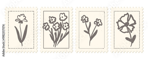 Minimalist floral stamp collection with naive line art flower doodles on grainy beige background for playful stationery, organic branding, mail art, wedding invitations, greeting cards