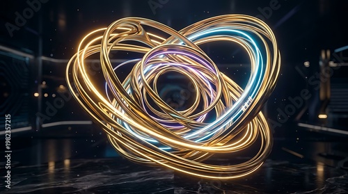 Glowing neon light abstract design with swirling gold and blue rings in dark space