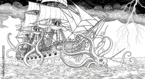 Dramatic detailed black and white illustration of a tall ship battling a monstrous sea creature in a stormy, lightning-filled ocean.