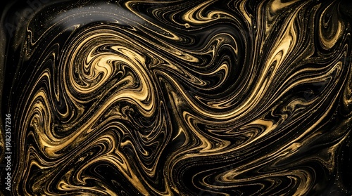 Gold and black swirling marble pattern texture background with shiny smooth curves and lines