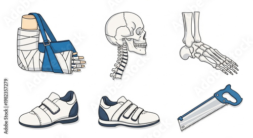 Diverse vector collection showcasing a human arm in a sling, detailed skeletal anatomy, comfortable athletic footwear, and a functional hand saw for various themes