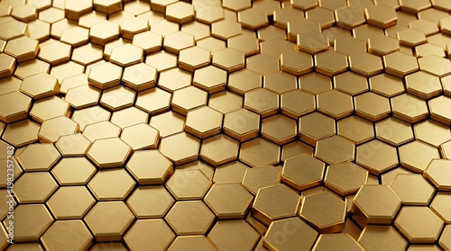 Golden hexagonal tiles pattern background with shiny reflective surface and seamless design