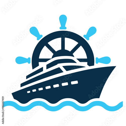 A sleek yacht cruising on calm waters with a prominent ship wheel design.