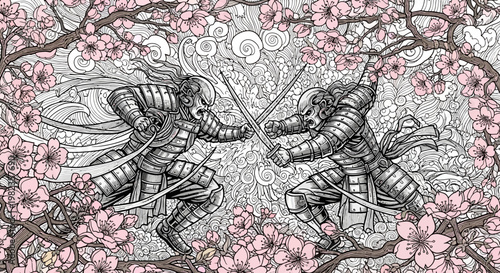 Dynamic samurai warriors engaged in a fierce sword duel amidst beautiful pink cherry blossoms, traditional Japanese art illustration.