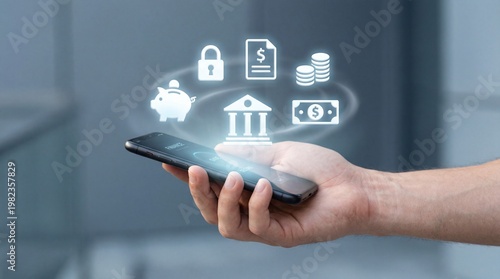 Hand holding smartphone with digital finance and security icons floating above for business and technology concept