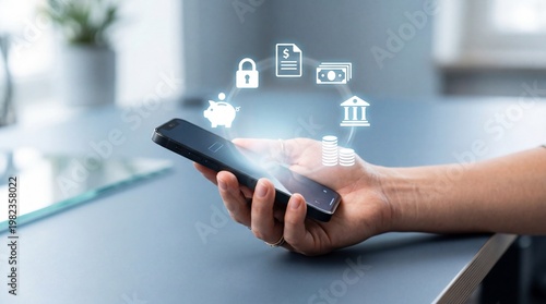Hand holding smartphone with digital security icons floating above for cyber protection and data privacy