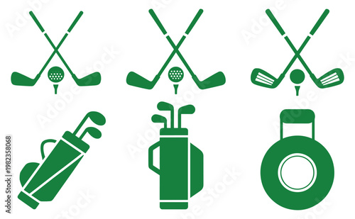Collection of golf equipment icons including clubs, a bag, and a golf ball