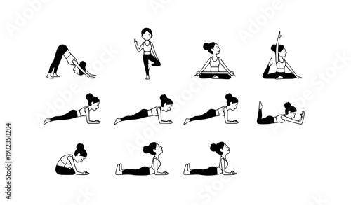 Women Yoga Poses Infographic Flat Design Home Workout Asana Vector Set