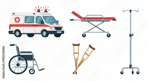 Essential collection of medical emergency response and patient support equipment, including an ambulance, wheelchair, and various healthcare aids