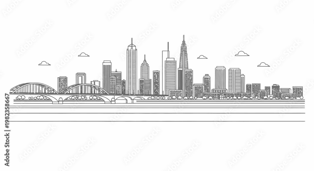 Obraz premium City skyline with modern buildings and bridge.