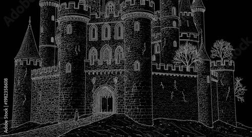 Elegant white line art illustration of a majestic fantasy castle on a hill, ancient medieval fortress drawing on black background.
