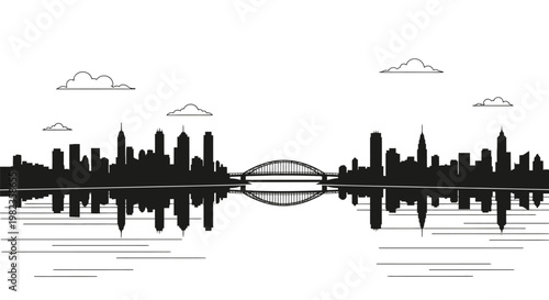 City skyline silhouette with water reflection.