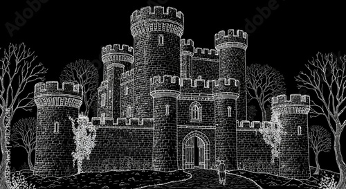 Detailed white outline illustration of a majestic medieval castle with multiple towers and a winding path, surrounded by trees on a black background, fantasy architecture.