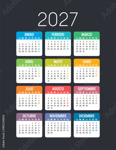 Calendario 2027 español colorido sobre fondo oscuro, vacaciones de España, plantilla vectorial.