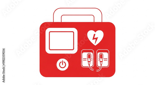 Medical emergency device illustration showcasing a red automated external defibrillator (AED) for cardiac arrest and life support, ready for first aid