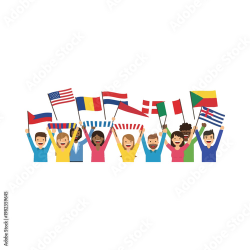 Diverse group of people holding up flags from various countries in celebration