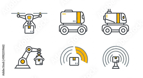 Set of Icons Representing Logistics and Delivery Innovations Drones, Autonomous Vehicles, and Robotic Arms