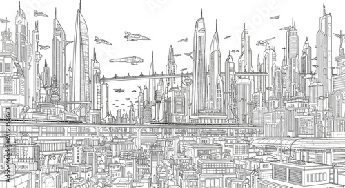 Detailed futuristic city skyline line art illustration with flying vehicles and advanced architecture, sci-fi urban landscape concept.