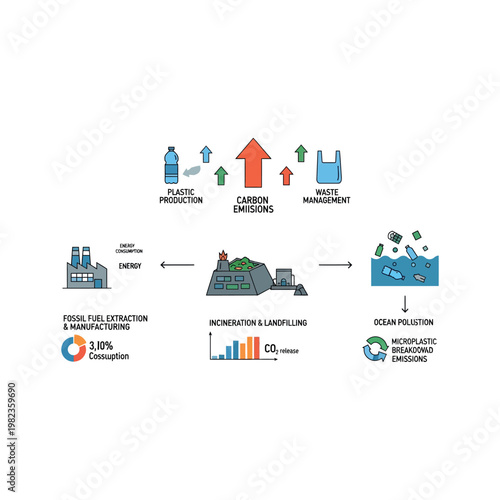 The process of plastic production causes carbon emissions through fossil fuel extraction and manufacturing.