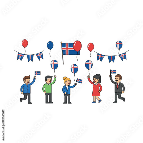People celebrate with Icelandic flags and balloons in a festive outdoor setting.