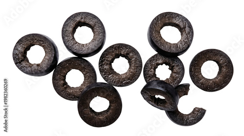 Photos Sliced black olives, vibrant dark color, rich texture