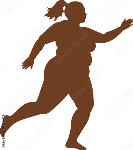 Plus size woman running silhouette vector. Dynamic obese female figure in motion isolated on white. Concept of fitness, active lifestyle, overweight, obesity, body diversity, health awareness.