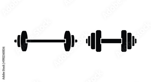 Black barbell and dumbbell weights depicted in a minimalist silhouette