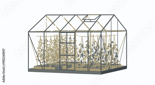 A 3D illustration of a greenhouse with plants inside.
