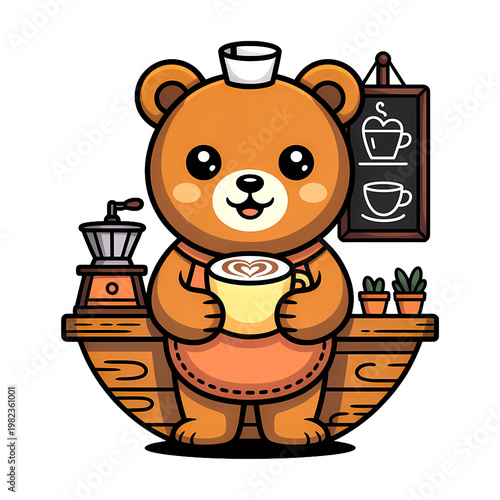 Cute cartoon bear barista holding heart-shaped latte, coffee shop