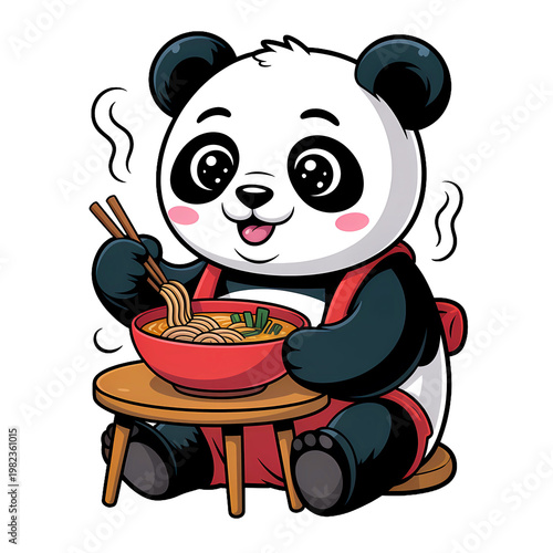 Cute cartoon panda eating ramen noodles with chopsticks