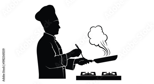 Chef cooking with a frying pan detailed black silhouette
