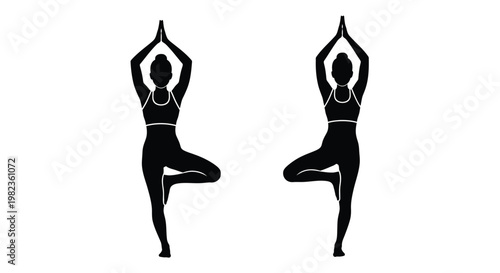 Two women practicing tree pose yoga a striking black silhouette