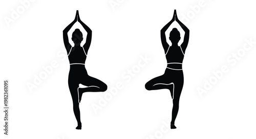 Two women performing tree pose yoga a striking black silhouette
