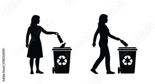 Woman discarding a plastic bottle into a recycling bin a striking silhouette