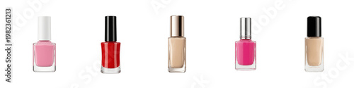 Nail polish bottles in various colors on white isolated on transparent background, PNG set