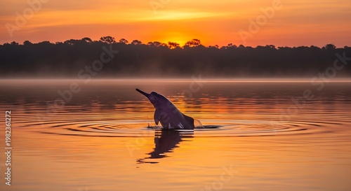 Amazon river dolphin breaching during a vibrant sunset over the tranquil amazon river in the rainforest.