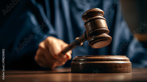 Judge gavel on wooden block in courtroom legal justice and law concept