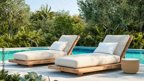 Modern poolside lounge chairs with cushions on wooden deck surrounded by lush tropical garden in sunny outdoor setting