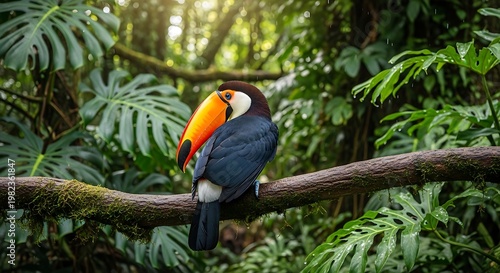 Colorful toucan perches on mossy branch in lush tropical rainforest environment.