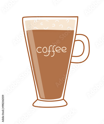 Coffee cup with hand lettering. Hand-drawn mug, cappuccino, latte. Colored line icon, hot drink. International Coffee Day. Drawing, doodle.