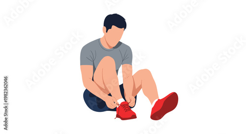A faceless male figure wearing a grey t-shirt and dark shorts sits on the ground, tying the red laces of his red athletic shoes against a white background.